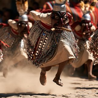 Masked Morenada dancers leaping in traditional Bolivian costume